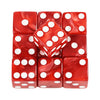 A set of ten red marble acrylic dice with white dots arranged in a grid.