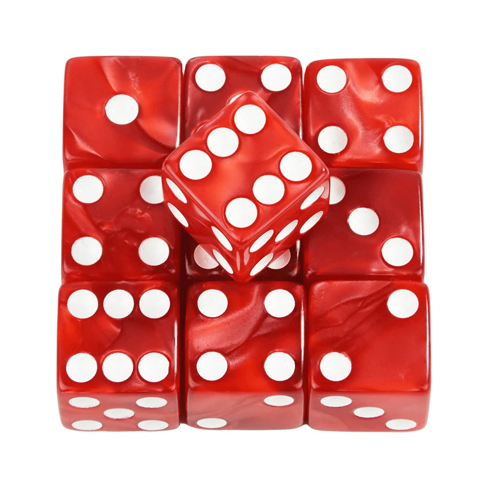 A set of ten red marble acrylic dice with white dots arranged in a grid.