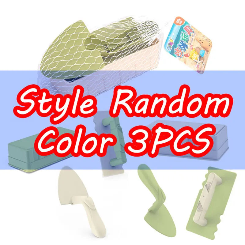 Three pieces of sand castle building tools including a shovel, mold, and shaping tool for kids