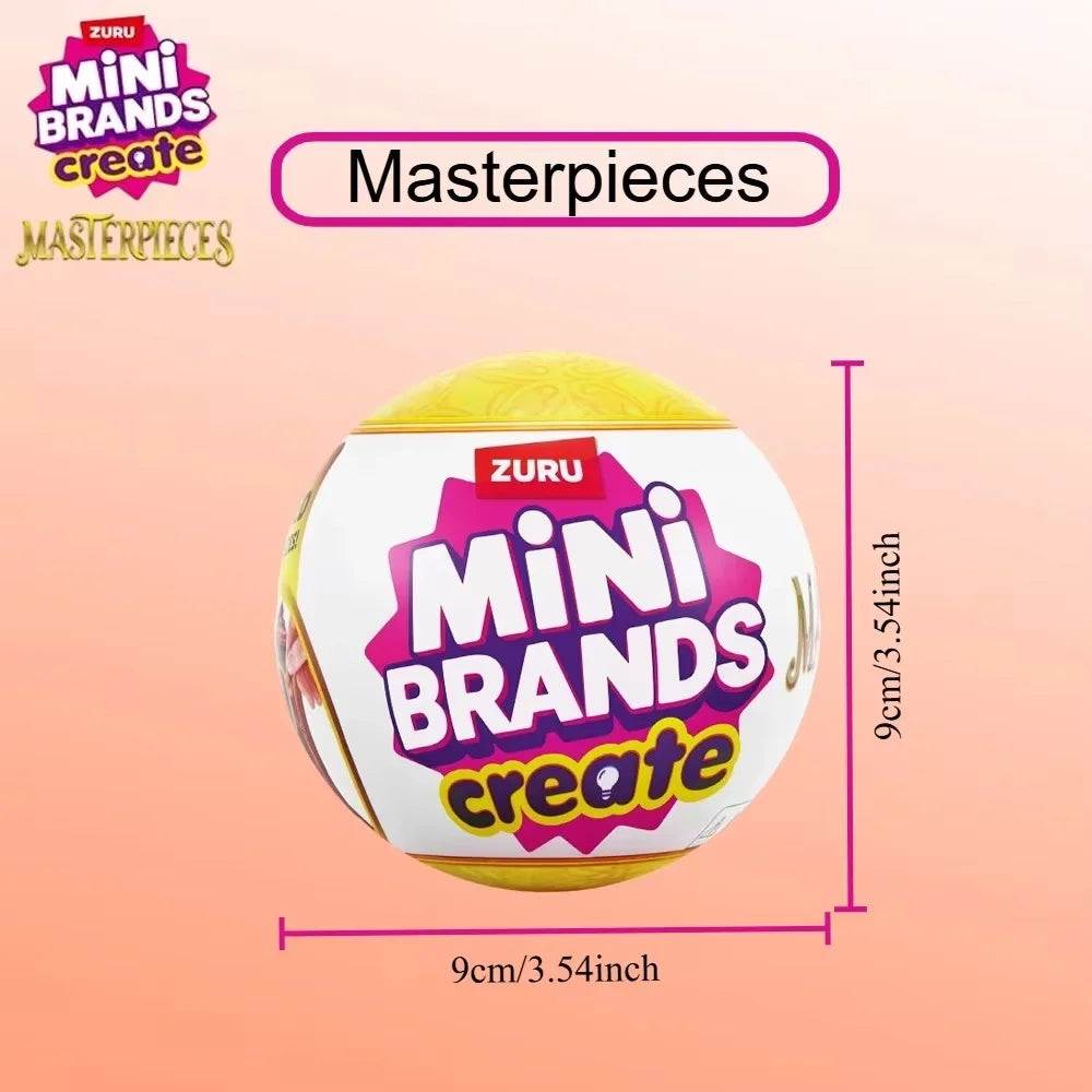 A yellow Zuru Mini Brands Create Masterpieces blind ball is shown against a light pink background.