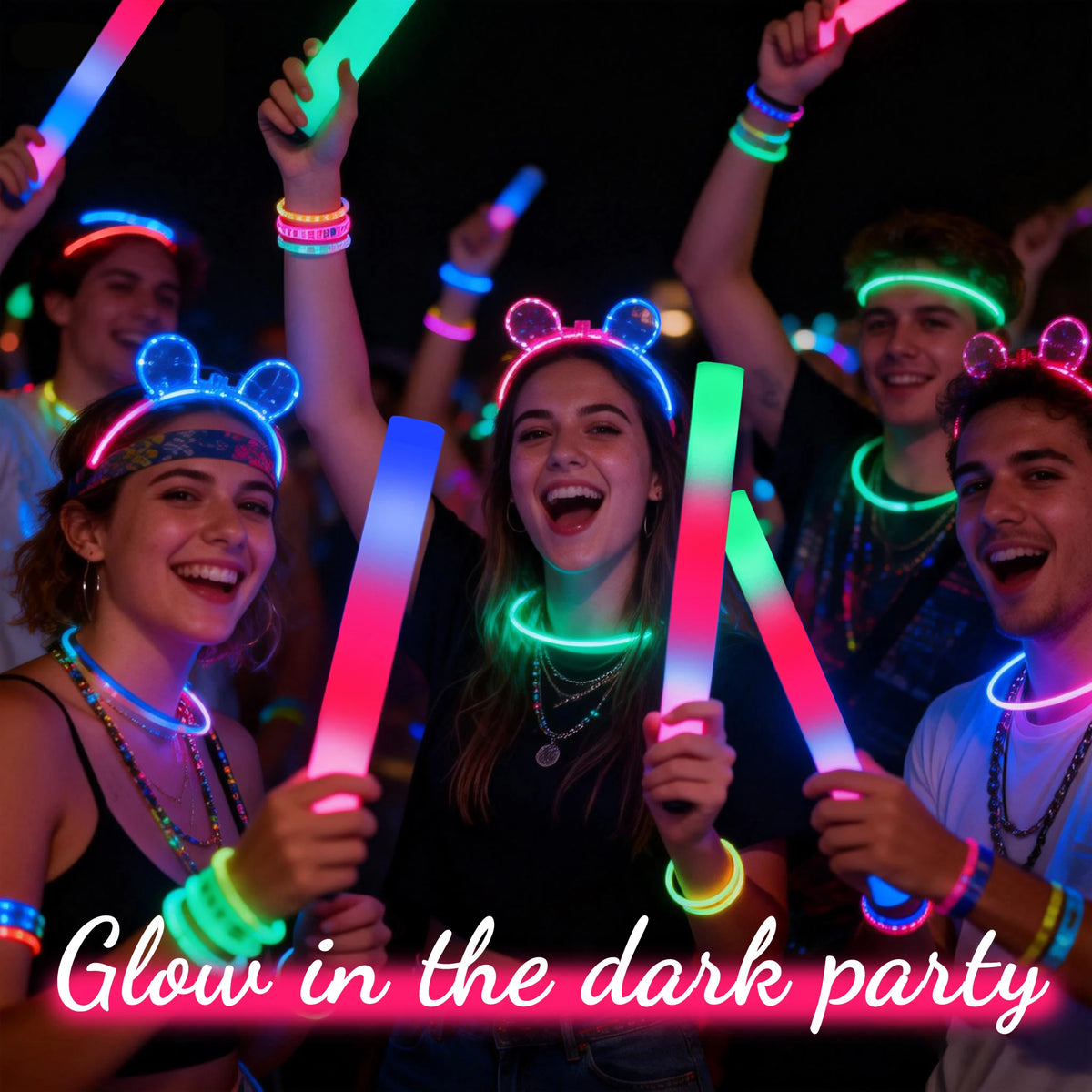 Group of young people celebrating in a dark party holding glowing LED foam sticks