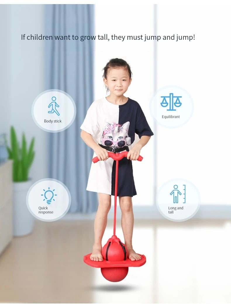 A child is jumping on a red bouncing ball for height training and balance, with text suggesting jumping helps children grow t