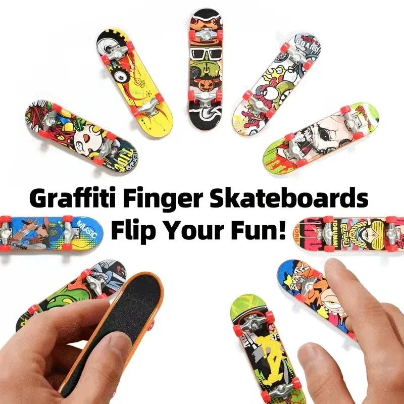 A collection of colorful graffiti finger skateboards displayed on a white background.