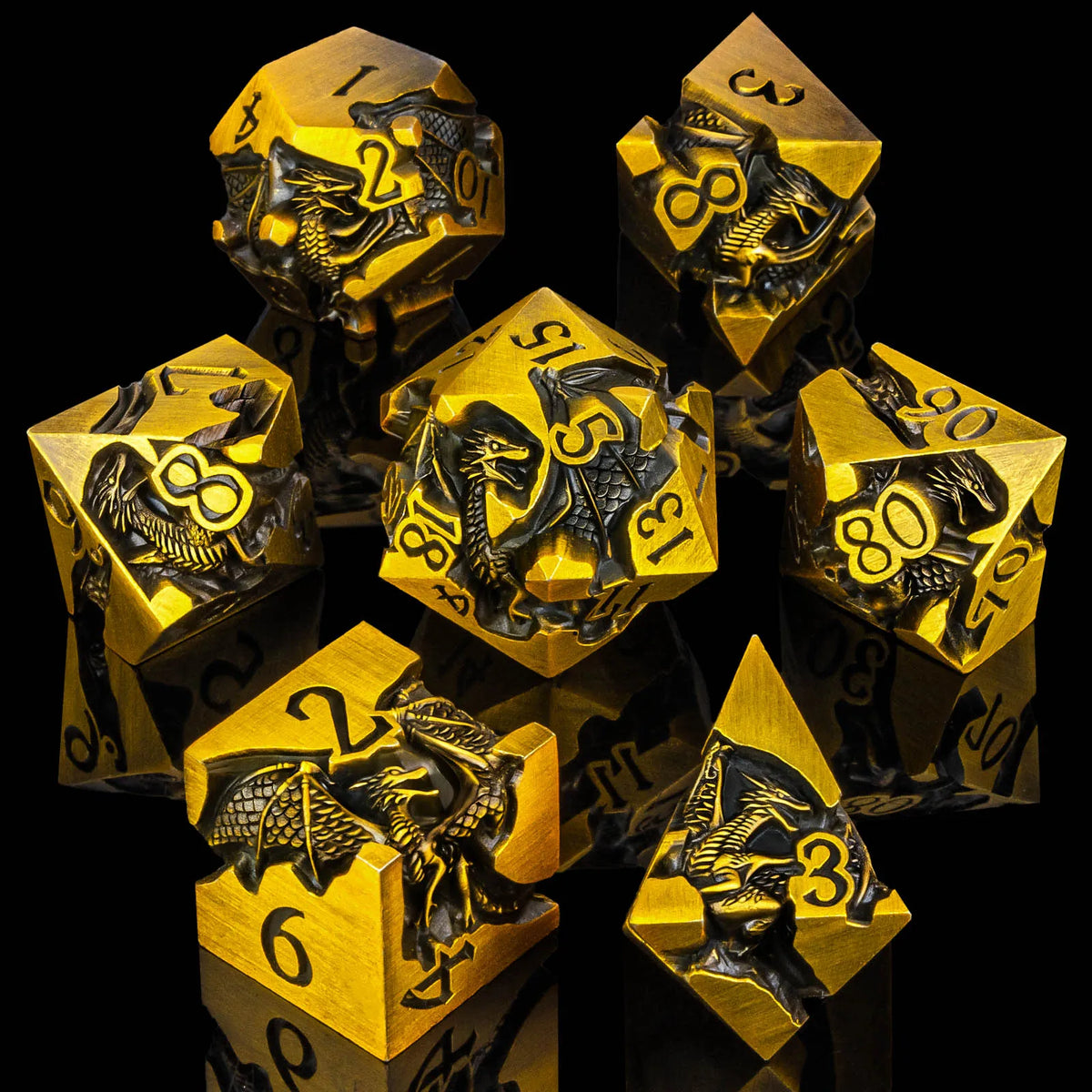 A set of gold metal dice featuring dragon designs and numbers, arranged in various angles.