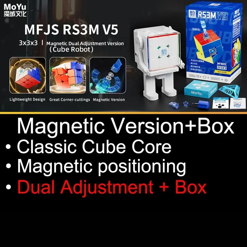 مجموعة ألغاز مكعبات RFSM V5 المغناطيسية تشمل المكعب وإصدار التعديل والصندوق.