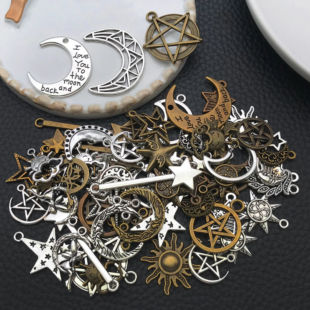 Celestial Charm Assortment – Vintage Silver Stars, Moons & Suns for Jewelry Making