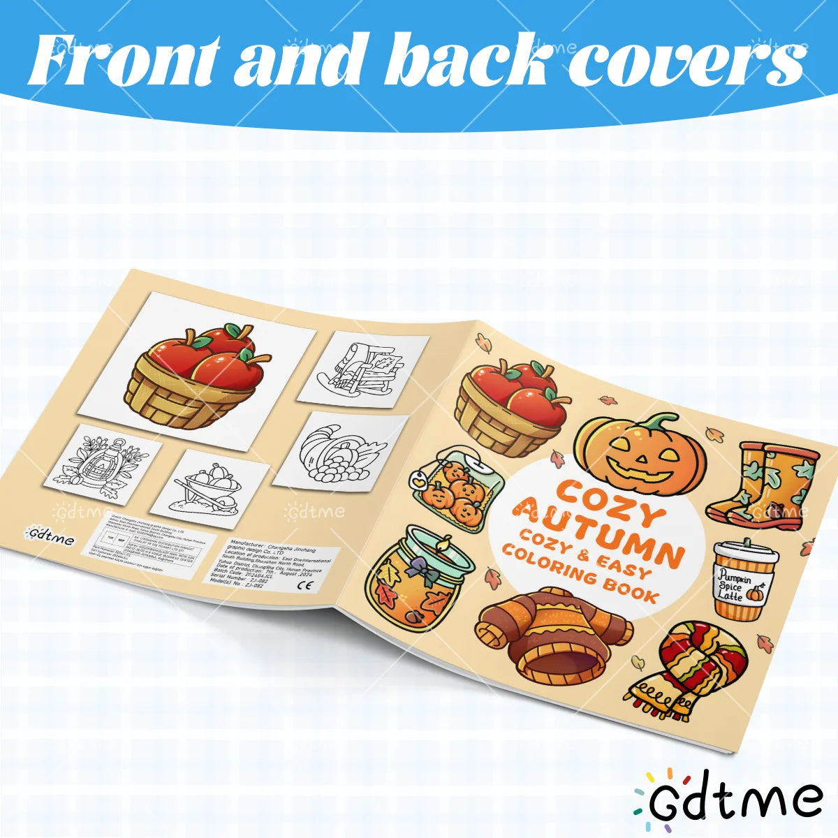 A spread of a cozy autumn coloring book featuring illustrations like pumpkins and seasonal items.