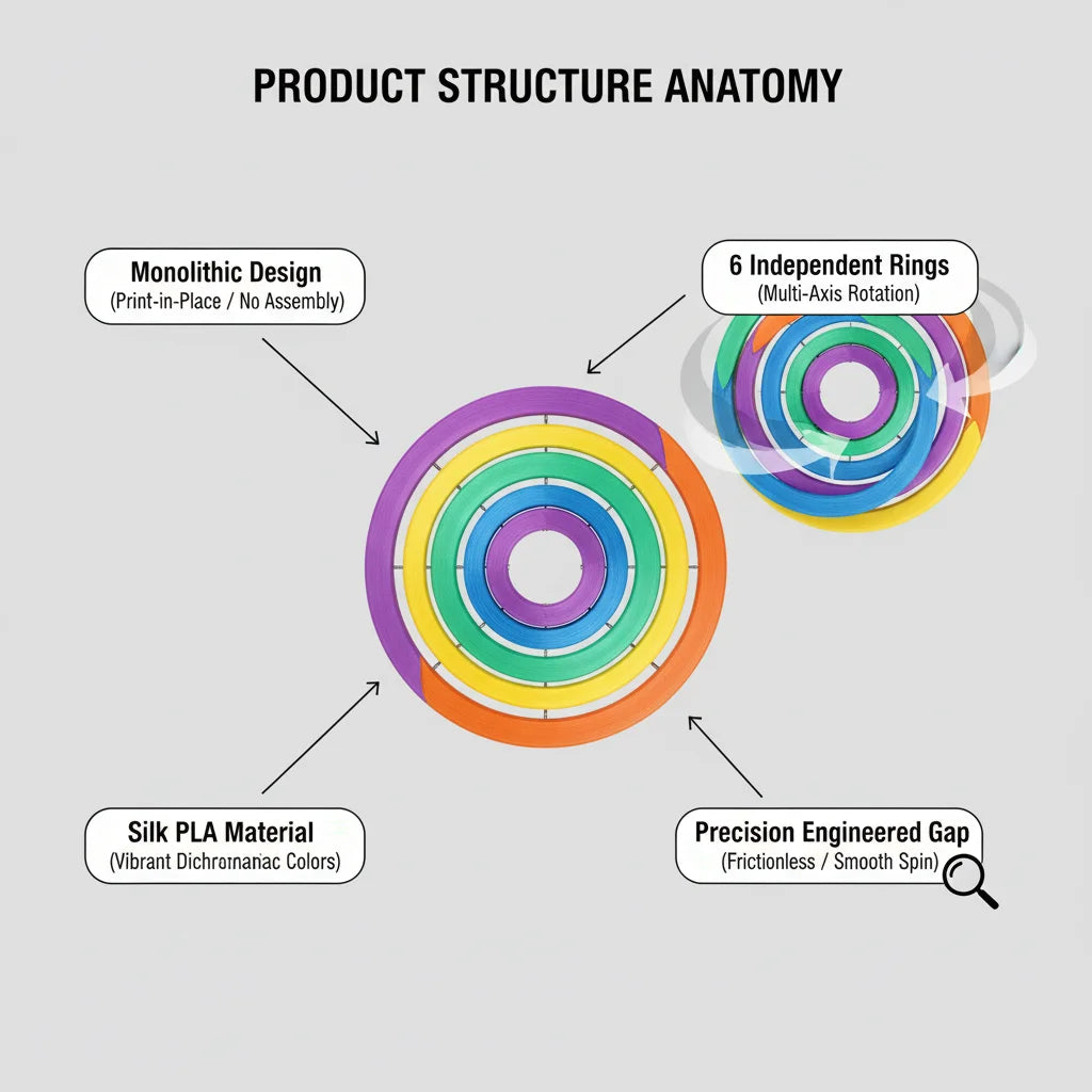 Diagram showing the structure anatomy of a monolithic rainbow spinner ring with six independent rings and a precision enginee
