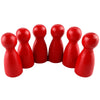 A set of twelve wooden game pawns in six different shades of red arranged in a line.