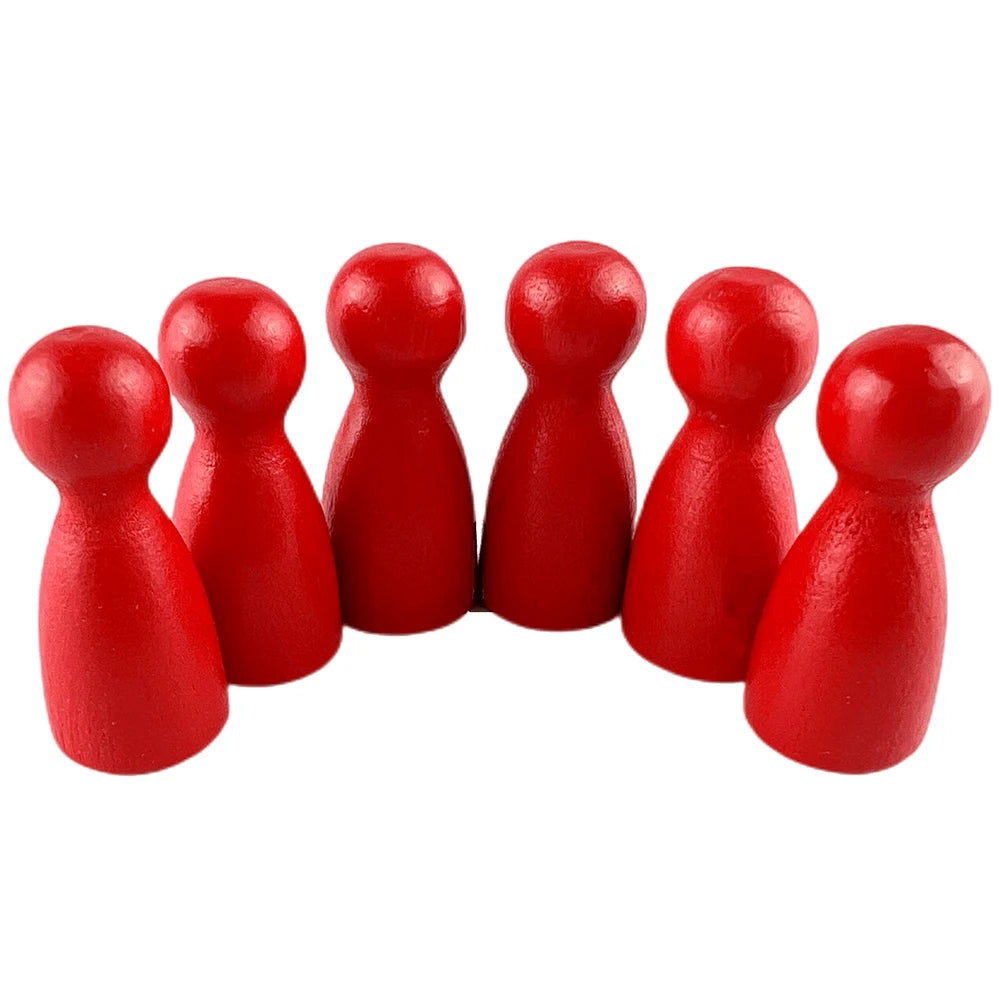 A set of twelve wooden game pawns in six different shades of red arranged in a line.