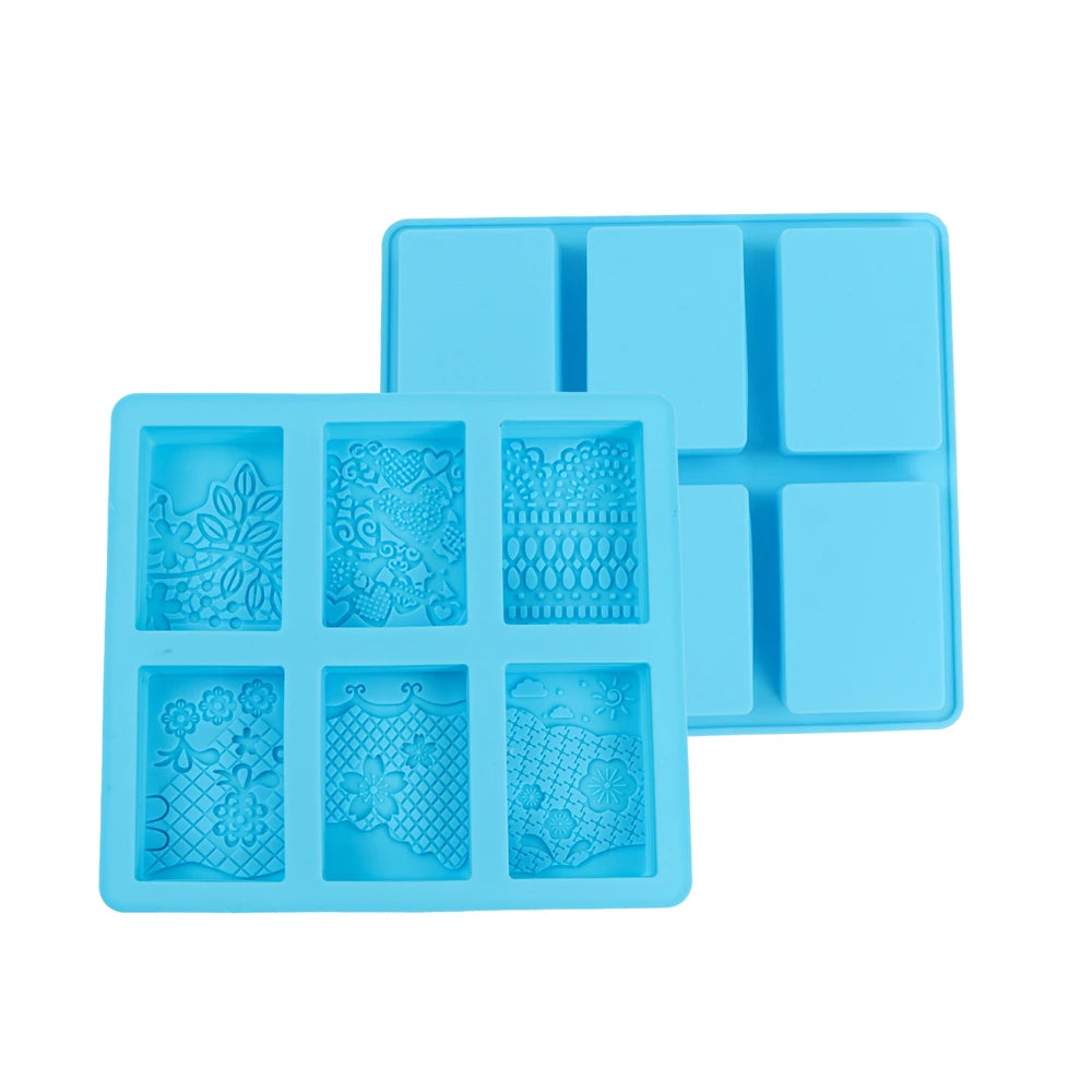 A light blue silicone soap mold with six cavities featuring intricate lace patterns for handmade soap and crafts.