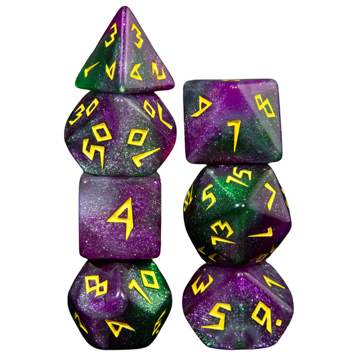 A set of seven premium glitter polyhedral dice in various colors and shapes for tabletop role-playing games