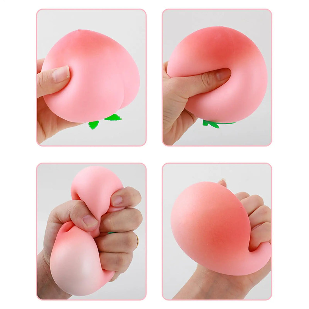 Hands squeezing a pink peach-shaped stress relief toy for relaxation