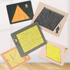 A collection of wooden geometric brain teaser puzzles showing various interlocking shapes and patterns.