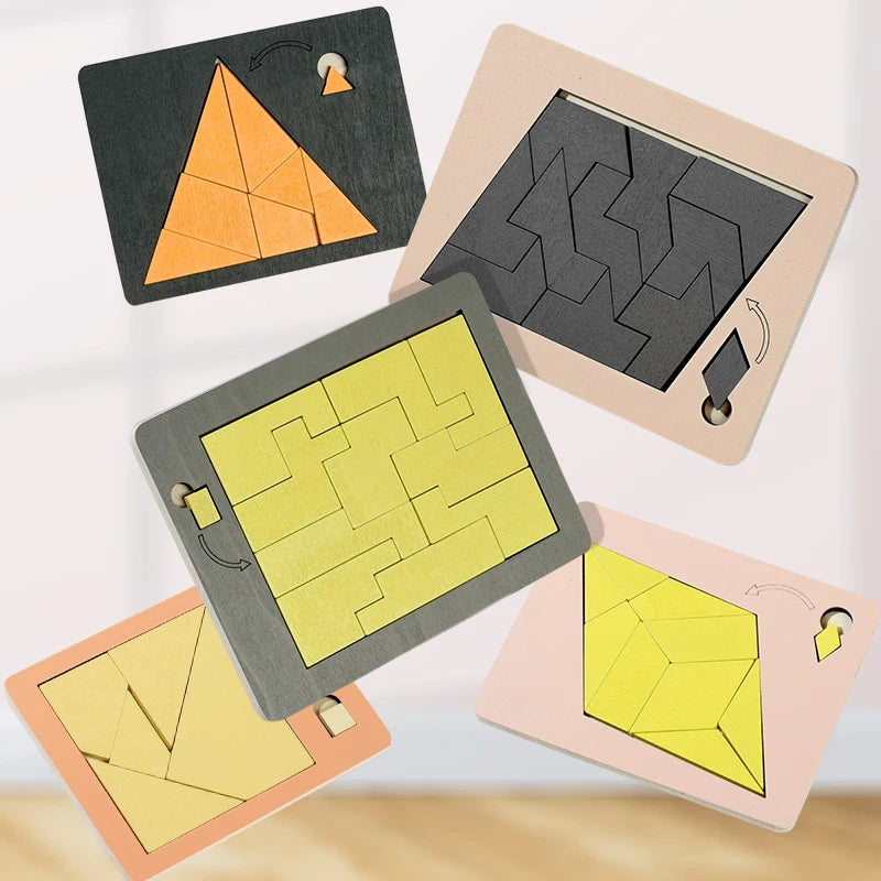 A collection of wooden geometric brain teaser puzzles showing various interlocking shapes and patterns.