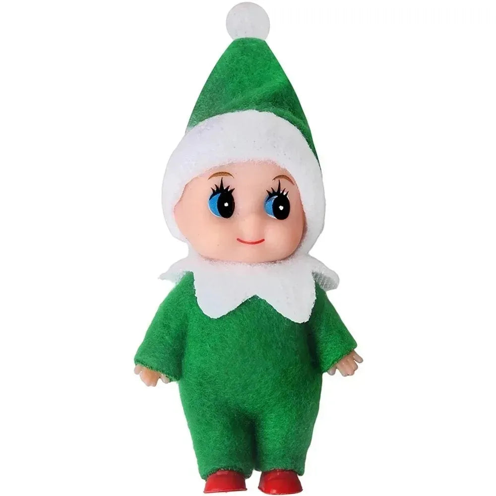 Adorable plush Christmas elf doll ornament wearing a green hat and green outfit