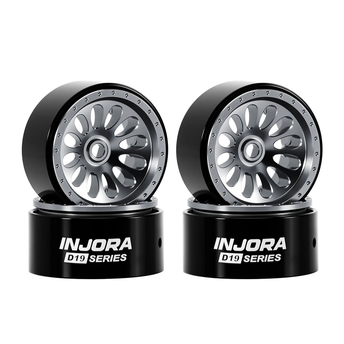 A pair of INJORA D19 SERIES beadlock wheels for an Axial SCX30 vehicle.