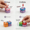 A four-step process showing how to connect and disconnect an LED mechanical switch fidget keychain.