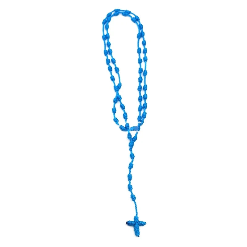 Handmade knotted rosary necklace in blue with a cross charm