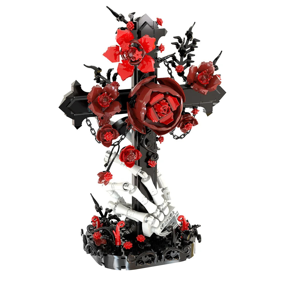 A black skeleton hand cross decoration featuring red roses and thorns, part of a building kit.