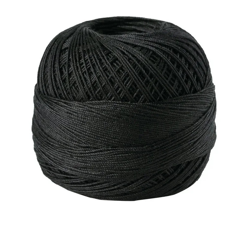 A ball of black 100% cotton crochet thread used for tatting and embroidery.