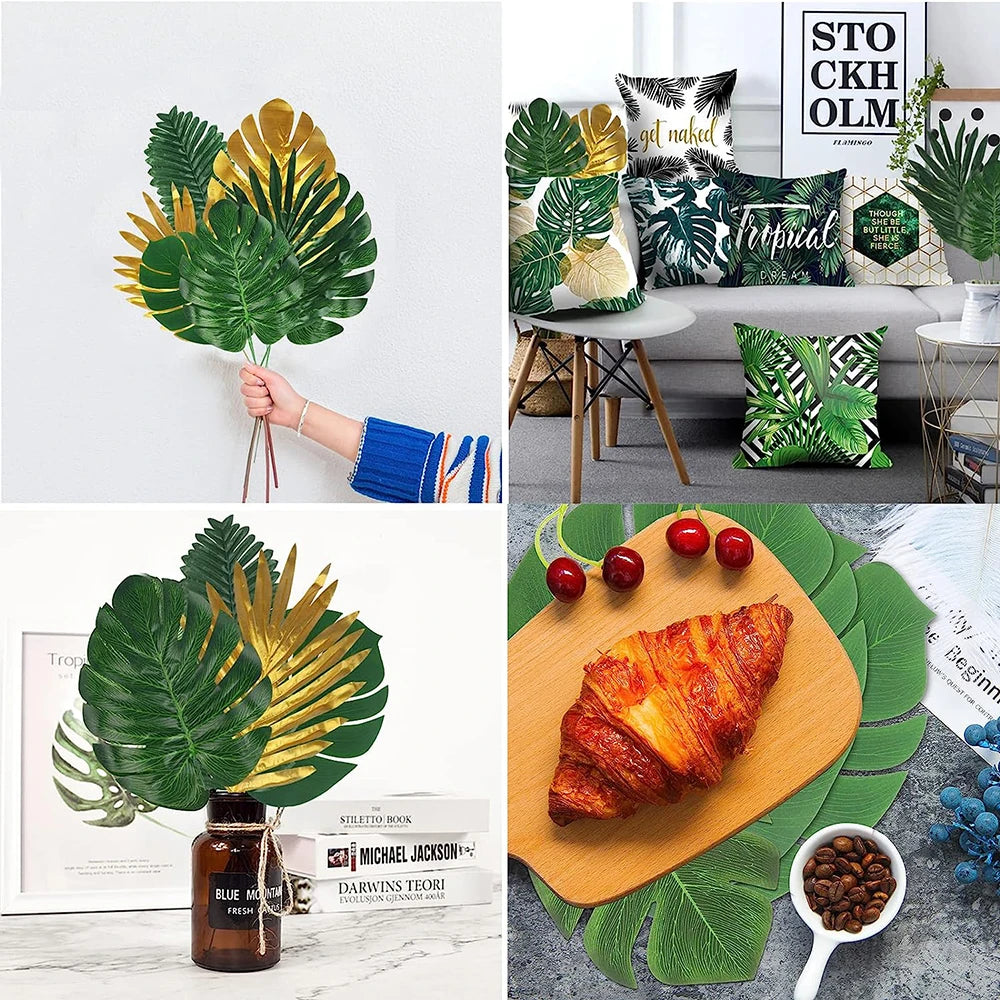 Artificial tropical palm leaves used as party decor, featuring green and gold leaves.