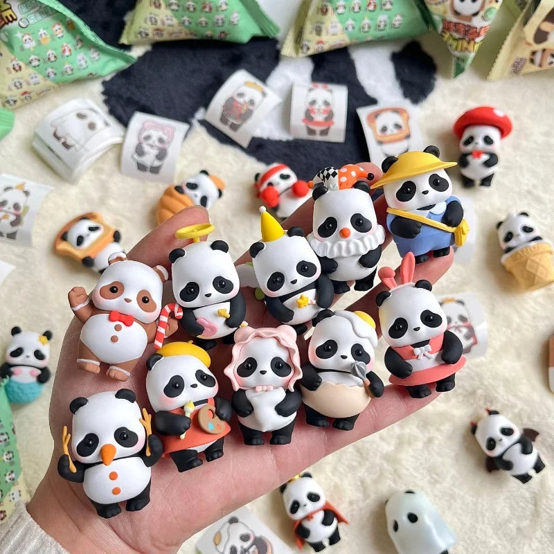 A hand holds a collection of panda blind box collectible figures in various poses and colors.