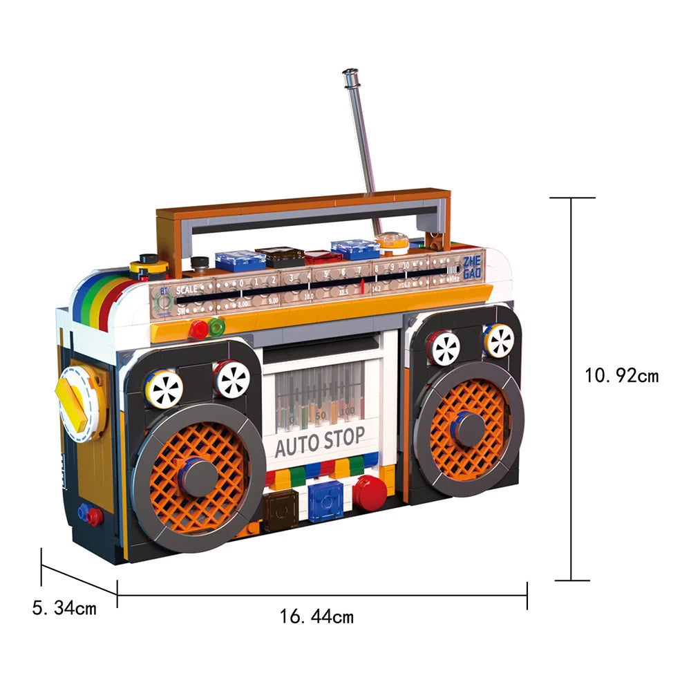 A retro radio building block set featuring an orange and black design with a vertical antenna.