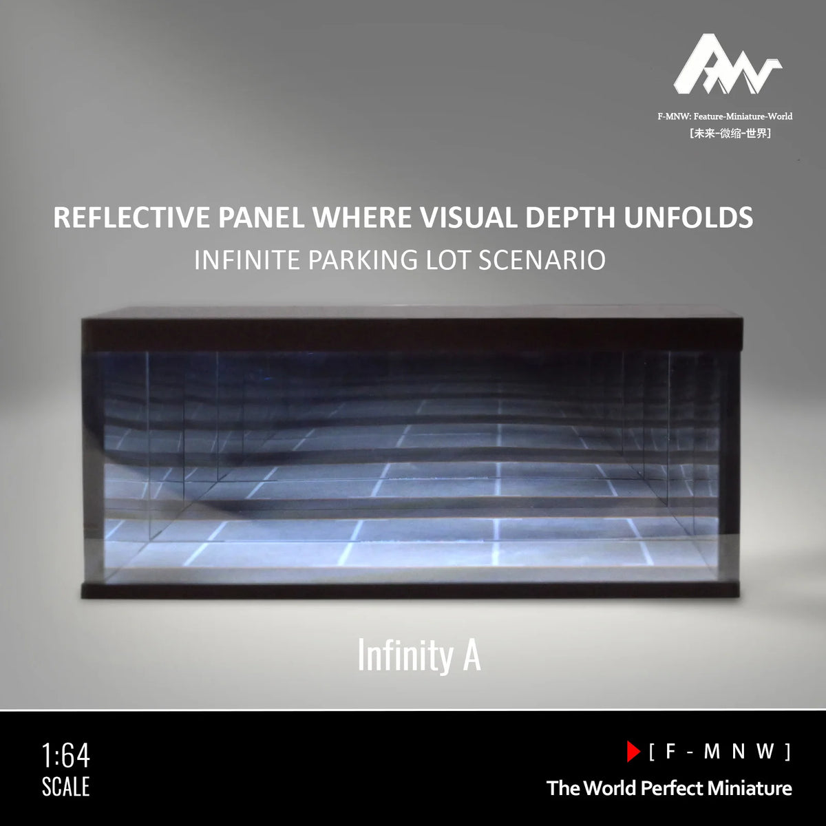 A reflective panel showing an infinite parking lot scenario for a 1:64 scale miniature model car display.