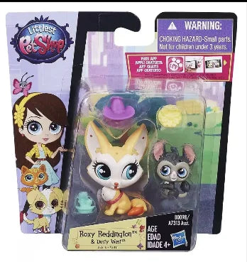 A set of three small animal figures, including a fox and a cat, packaged in a cardboard box.