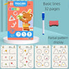 A box of tracing lines and a pen is displayed next to several pages showing various pattern drawings for kids.