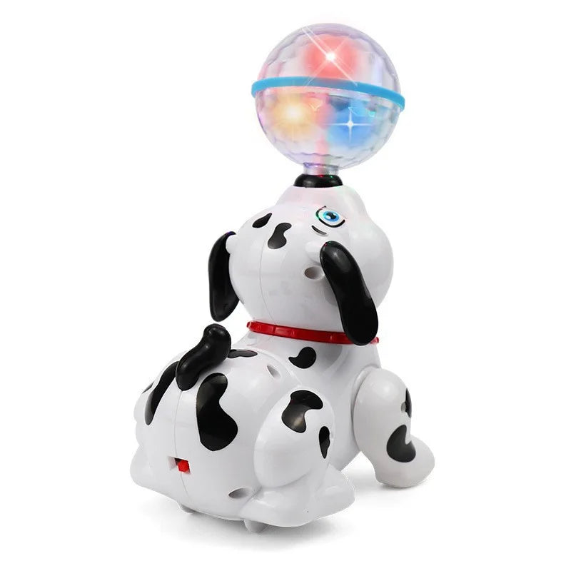 A white dog toy shaped like a Dalmatian with a glowing, colorful sphere on its head.