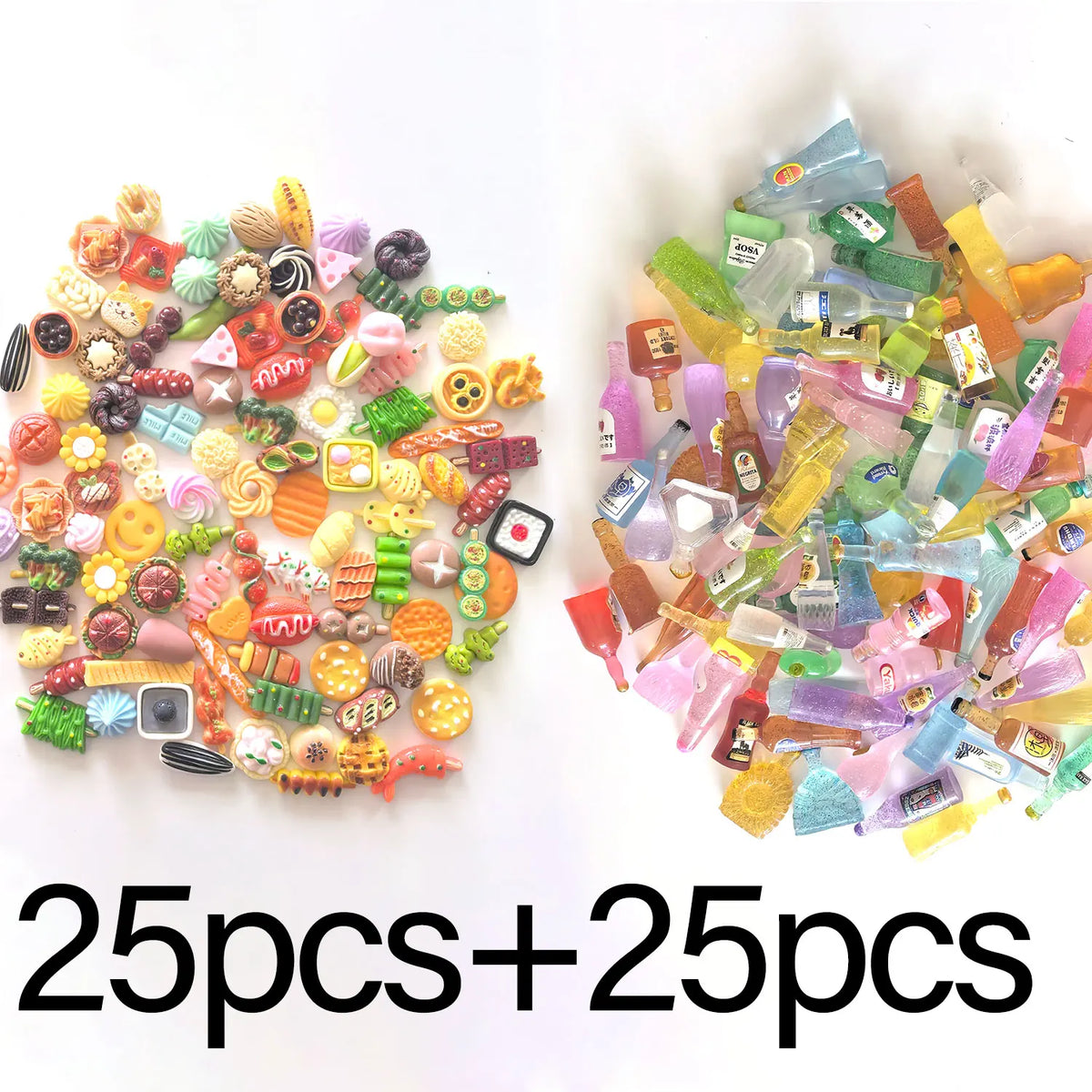 A collection of miniature dollhouse food items including cakes, wine bottles, and various snacks in colorful packaging.