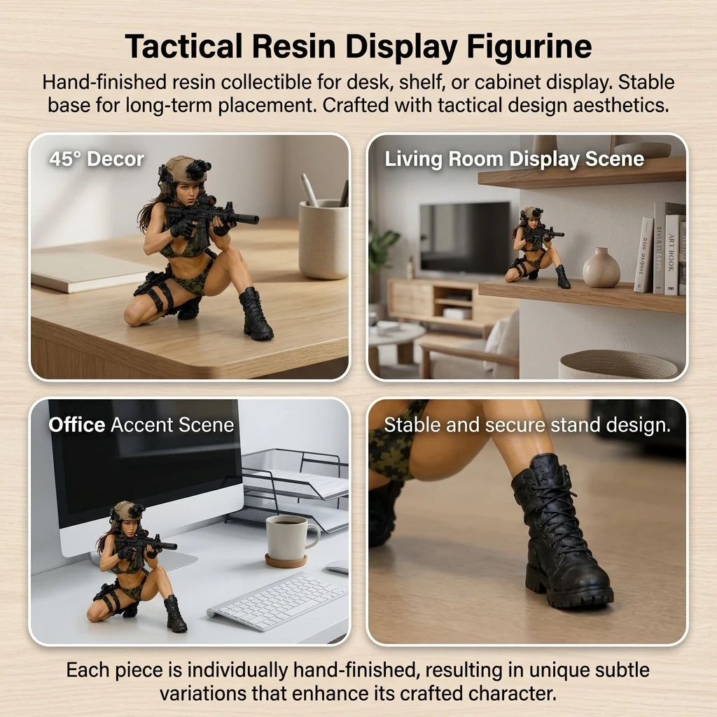 Hand-finished resin figurine of a tactical anime girl in various poses for desk or cabinet display.