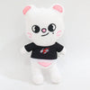A white and pink cartoon cat plush toy with black accents.
