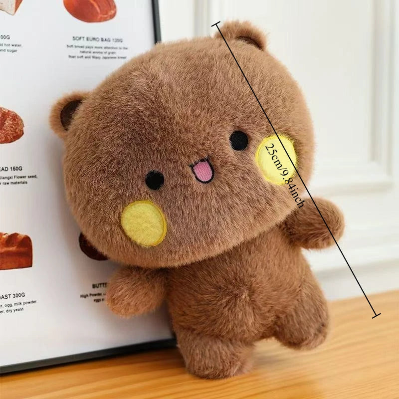 A brown panda plush toy with a stitched face and a measuring line indicating its size.