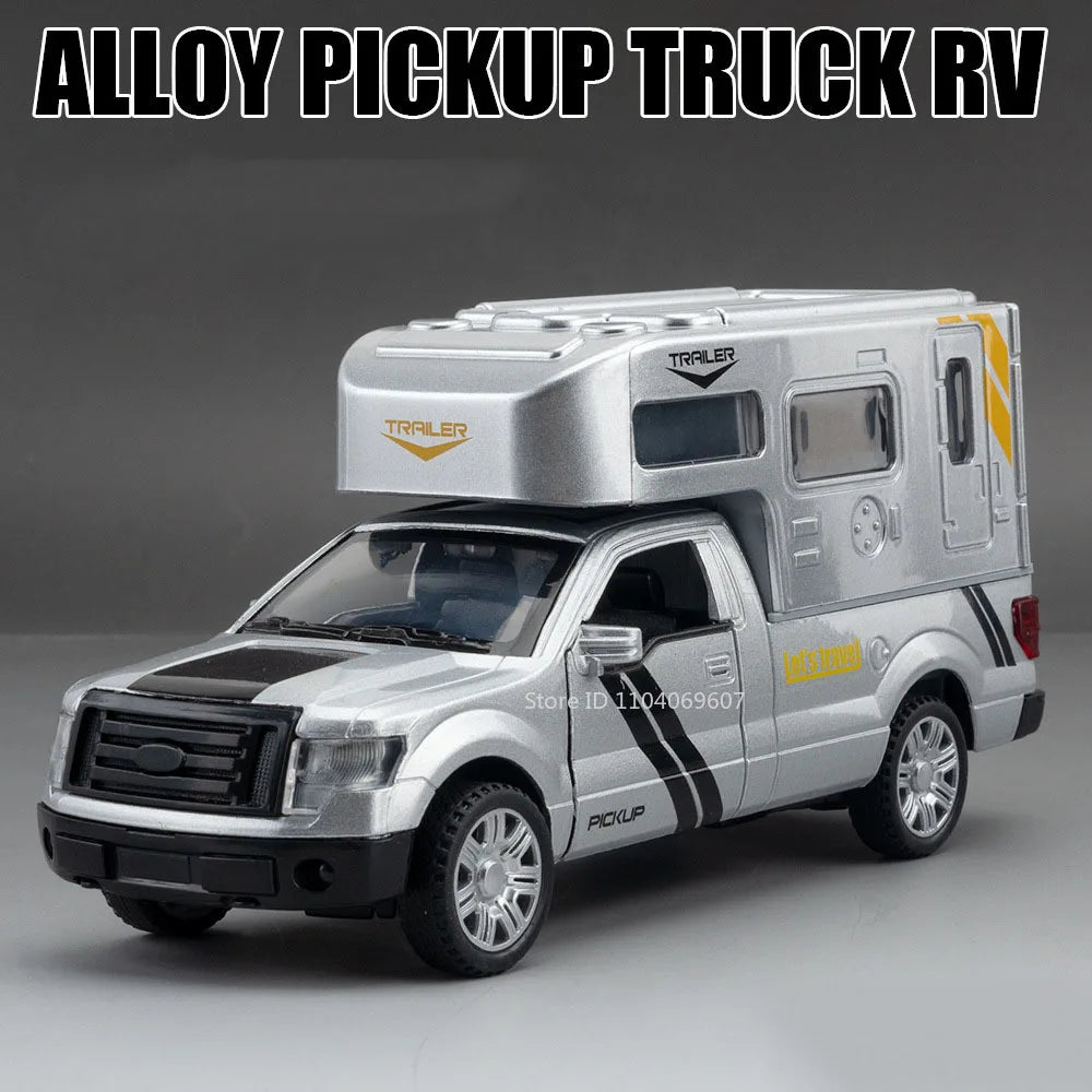 Silver Ford pickup truck with a trailer mounted on the back, displayed in a studio setting.