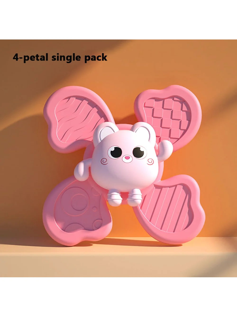 A single pink 4-petal spinning bath toy featuring a cute white animal character.
