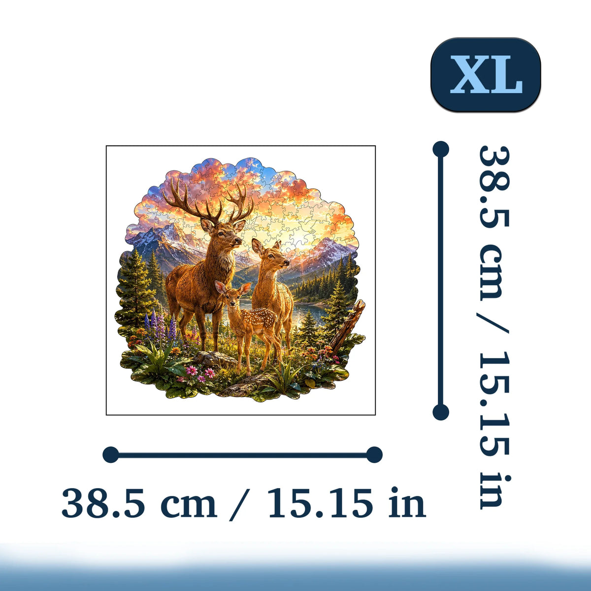 A jigsaw puzzle depicting a wooden forest deer silhouette against a sunset background.