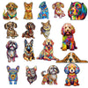 A collection of colorful dog and puppy illustrations used for a 3D wooden jigsaw puzzle.