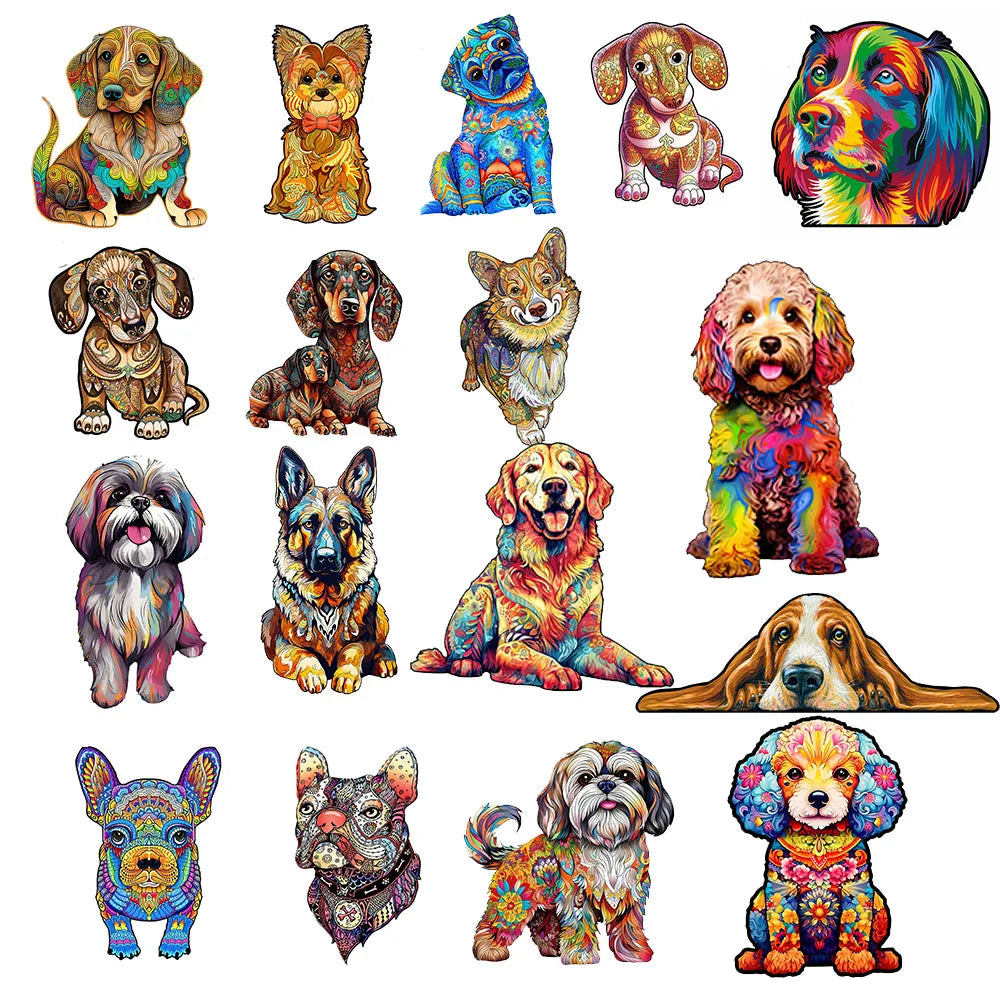 A collection of colorful dog and puppy illustrations used for a 3D wooden jigsaw puzzle.