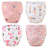 A set of four reusable cotton potty training pants for toddlers in various pink and white patterns.