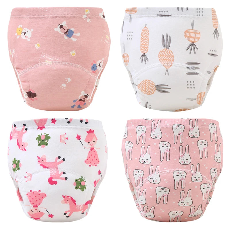 A set of four reusable cotton potty training pants for toddlers in various pink and white patterns.