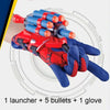 A red and blue superhero web shooter glove toy set with a launcher, five bullets, and a matching glove.