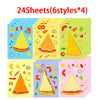 A set of 24 sheets of DIY pizza sticker craft kit for kids featuring various pizza toppings and styles.