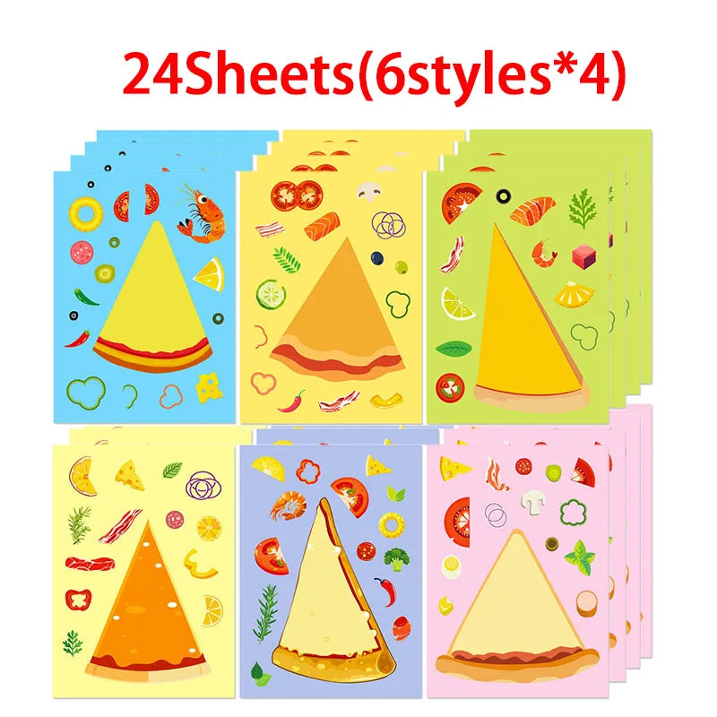 A set of 24 sheets of DIY pizza sticker craft kit for kids featuring various pizza toppings and styles.