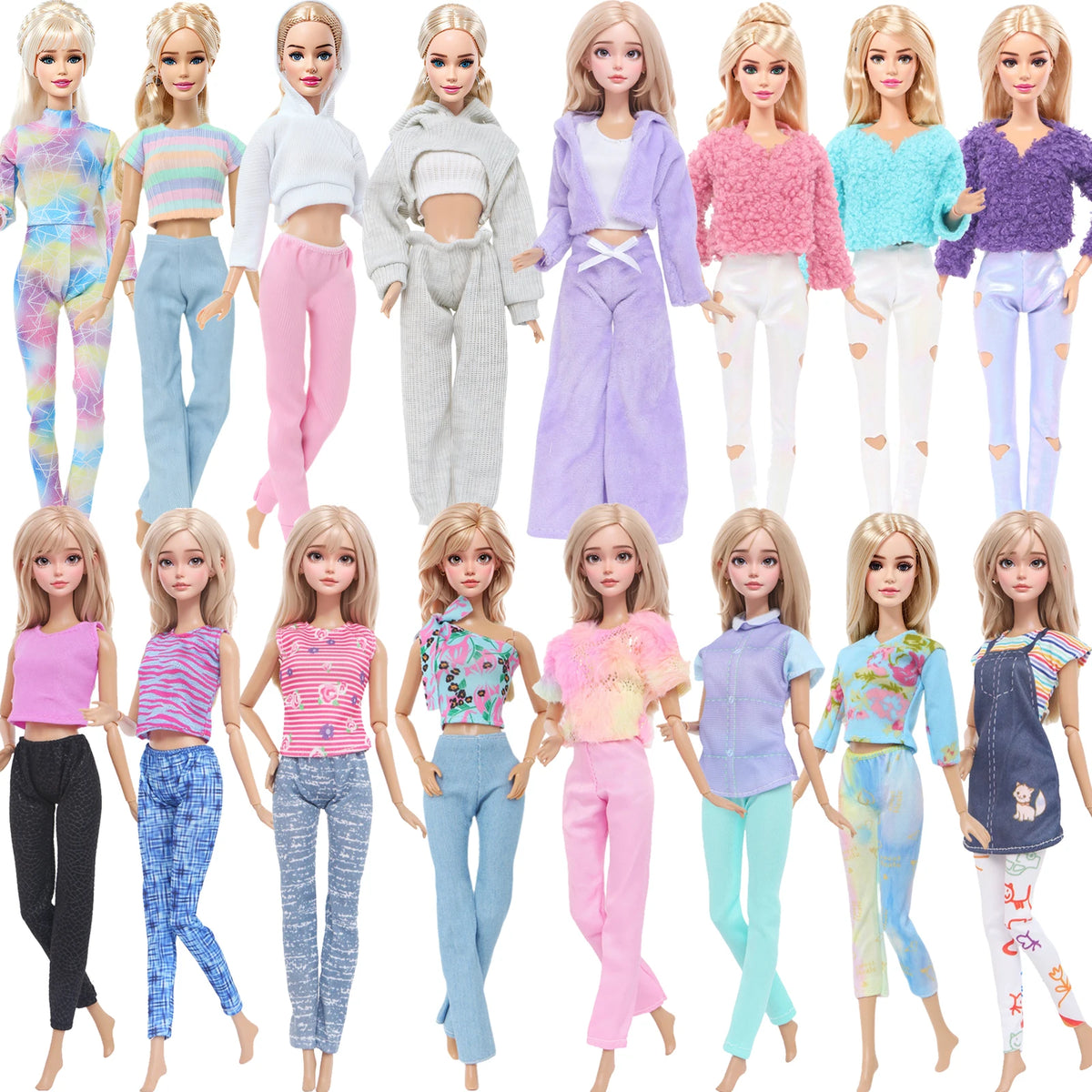 A collection of fashion doll outfits featuring various tops and pants in pastel and vibrant colors.