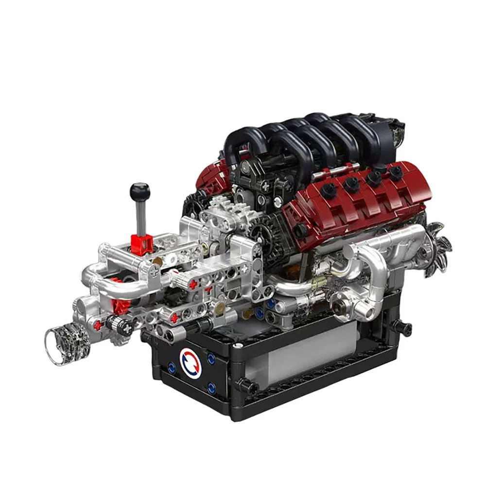 A detailed V8 engine building kit featuring working pistons and components.