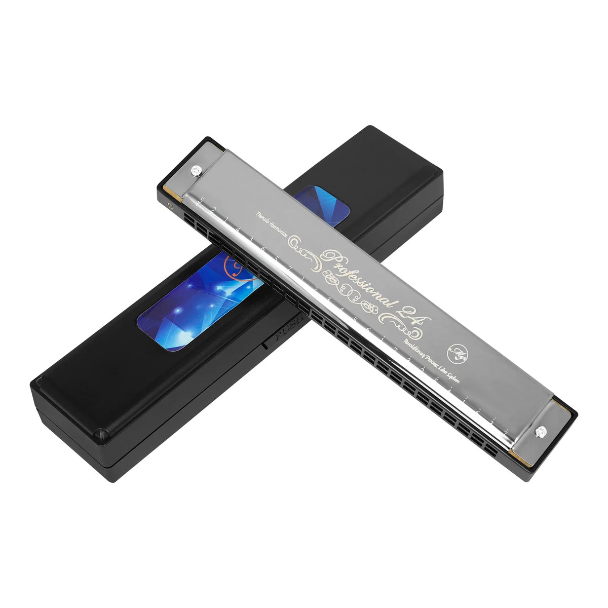 A professional 24-hole tone tremolo harmonica with a black hard case shown diagonally.