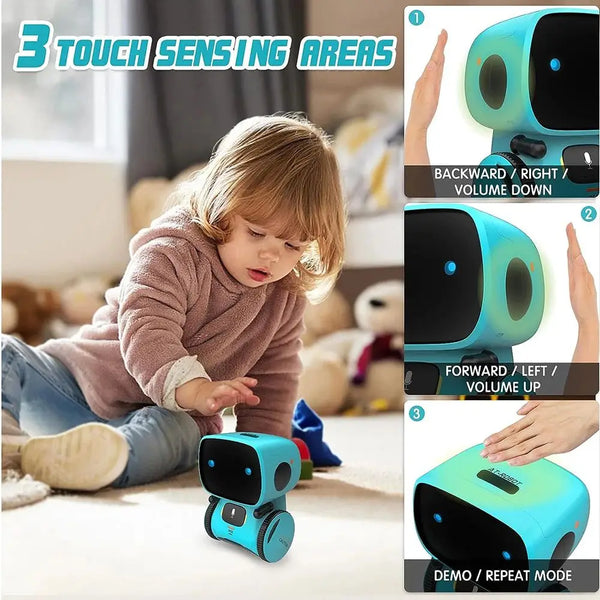 A robotic pet with three touch sensing areas is shown in a living room setting.